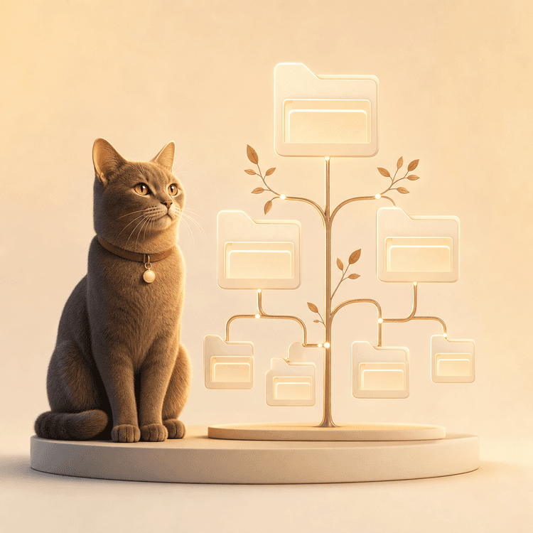 A cat beside organized saved things
